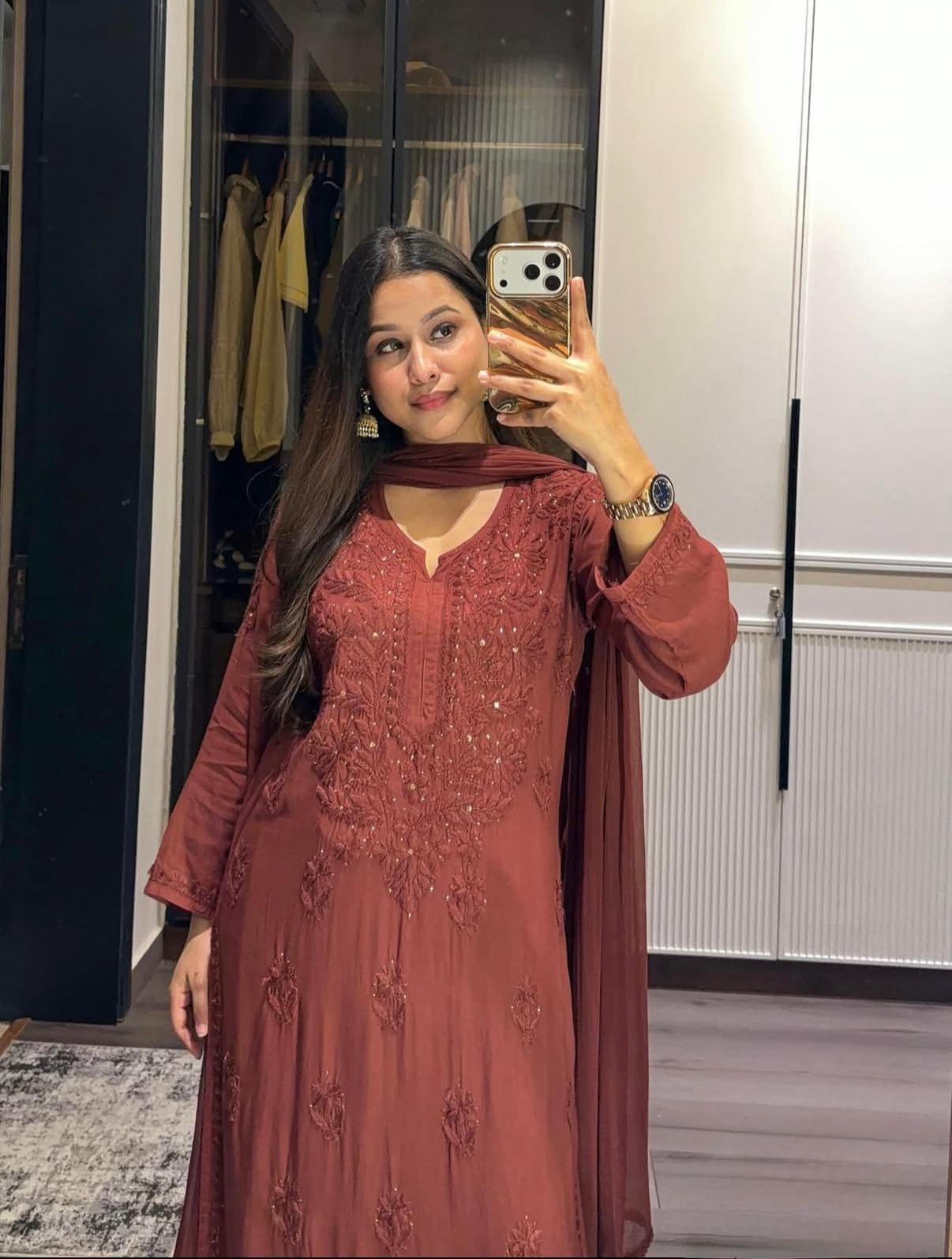 Raya Rayon Mukaish Kurta Set- Brown