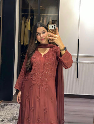 Raya Rayon Mukaish Kurta Set- Brown