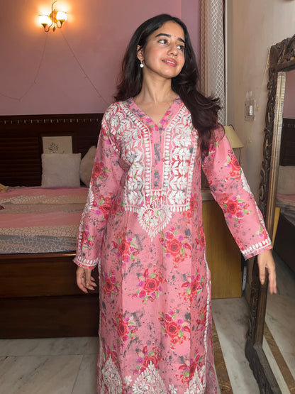 Zaira Chanderi printed Long Kurta- Pink