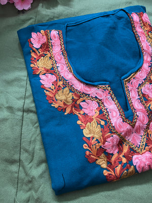 Noor Aari Woollen Pheran- Teal Blue