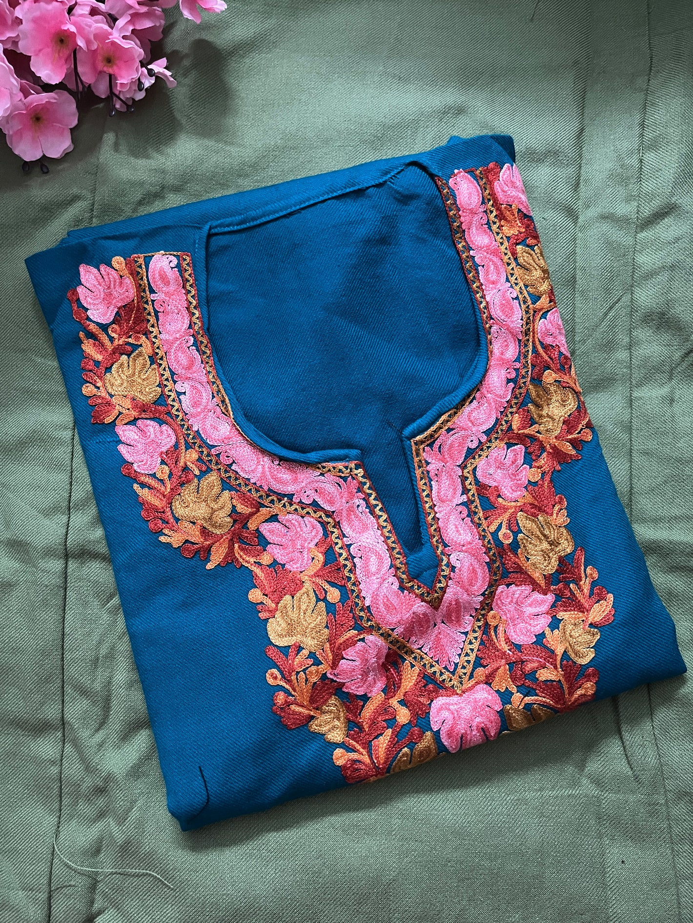 Noor Aari Woollen Pheran- Teal Blue