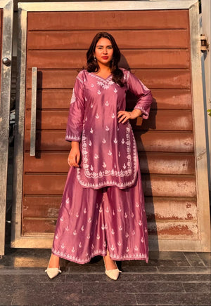 Tisha chanderi Silk Kurta & sharara Chikankari Set with dupatta- Pink