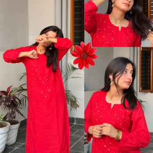 Leela Mukaish Cotton Chikankari kurta palazzo set- Red
