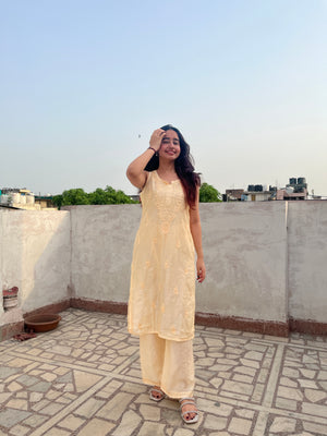 Seher Chanderi sleeveless Pastel Kurta Set- Yellow