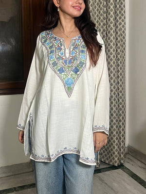 Trisha Kashmiri Short Cotton kurti- White