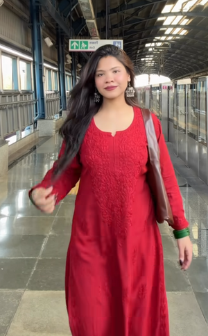 Aisha Rayon Chikankari kurta palazzo set- Red