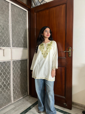 Trisha Kashmiri Short Cotton kurti- White
