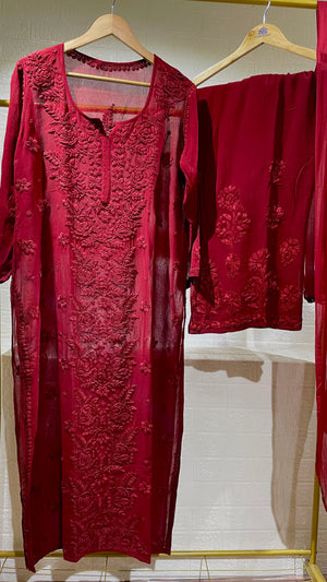 Rose Viscose georgette kurta Set with dupatta - Red