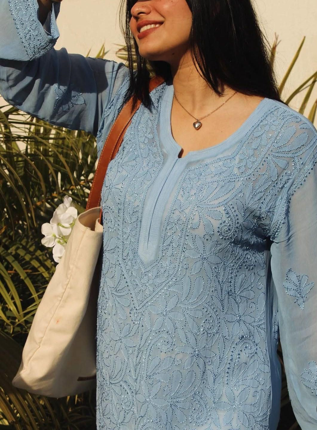 Uzma Viscose Georgette Short kurta- teal blue