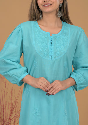 Mulmul Cotton Chikankari Short Kurta- Blue