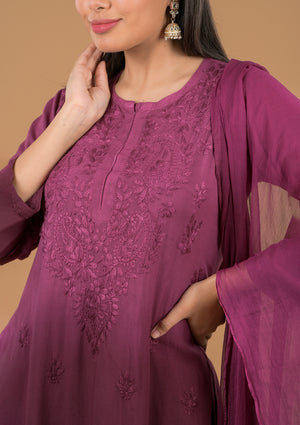 Rayon Chikankari Women's 3 PC Long Kurta Set - Purple