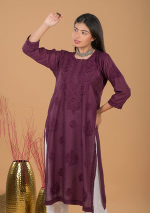 Chanderi Chikankari Long Kurta - Mauve