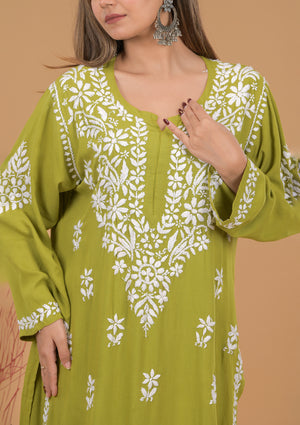 Rayon Chikankari Kurta Palazzo - Olive green