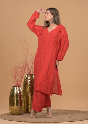Chanderi Chikankari Kurta Palazzo - Red