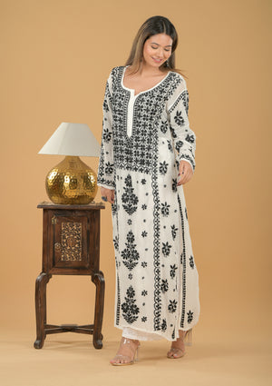 Viscose Georgette Chikankari Long Kurta - White