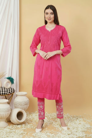 Dobby Cotton ombre Chikankari Kurta set- Pink
