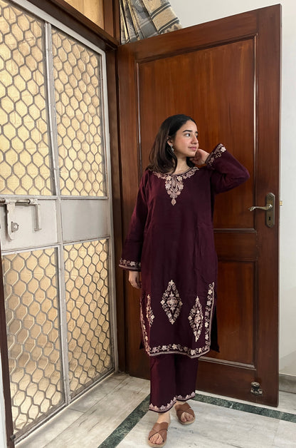 Kashmiri Woollen kurta set- Maroon