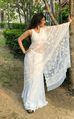 White Chikankari embroidered saree