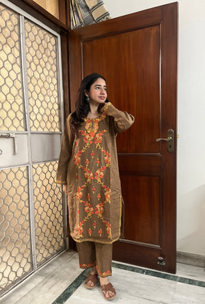Kashmiri Woollen kurta set- Brown