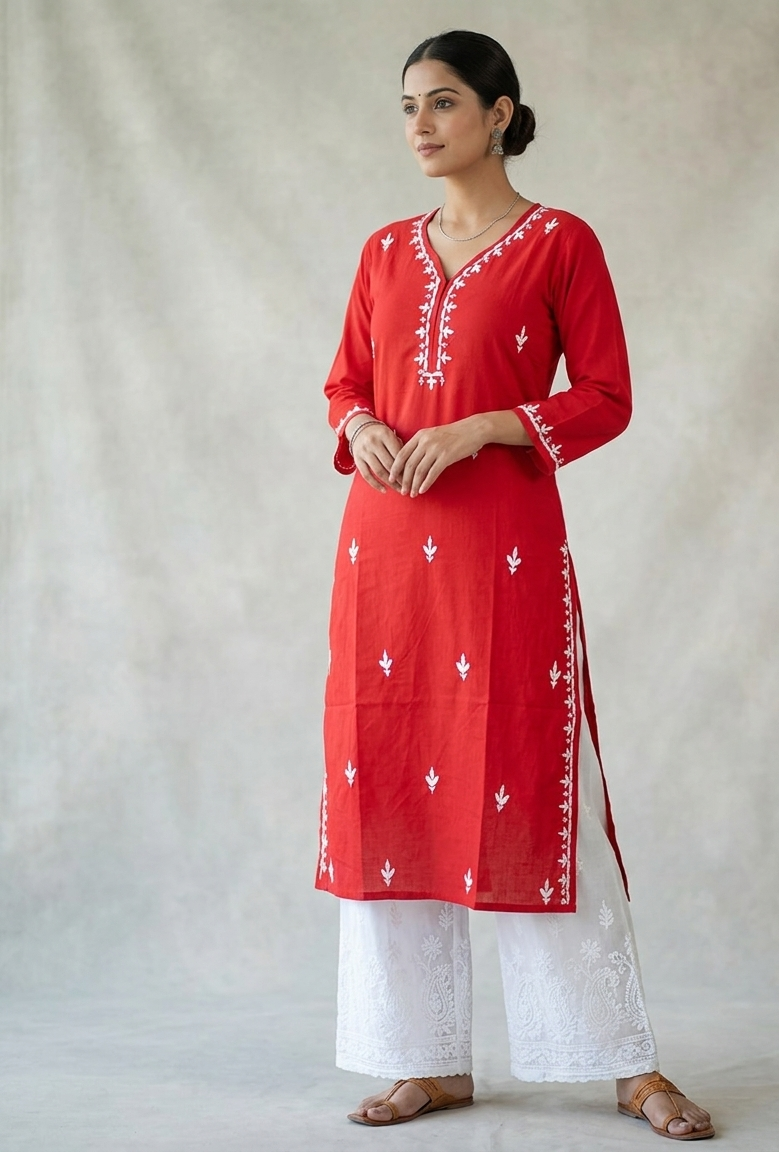 Tisha Cotton Chikankari Long Kurta- Red