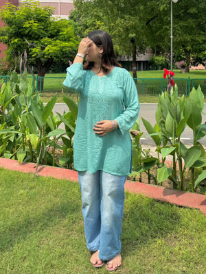 Tisha Rayon Chikankari Short Kurti- Teal