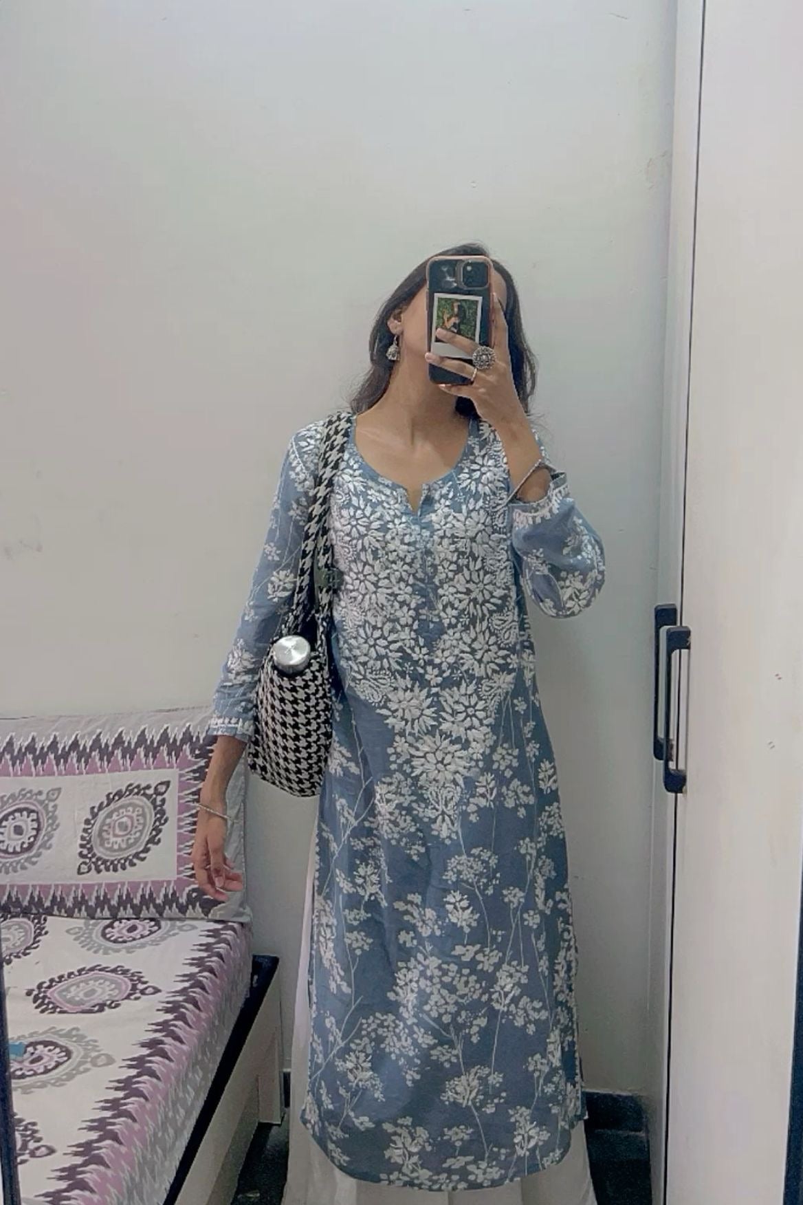 Mulmul Cotton Print Chikankari Kurta- Grey