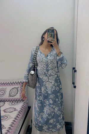 Mulmul Cotton Print Chikankari Kurta- Grey