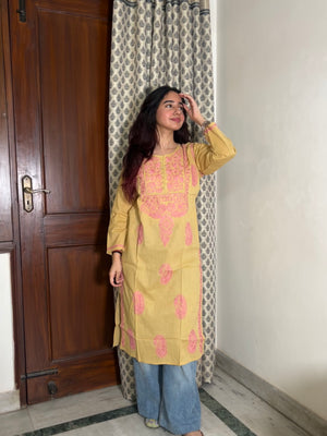 Siya Chikankari Cotton kurti- Beige