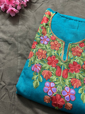 Noor Aari Woollen Pheran- Teal