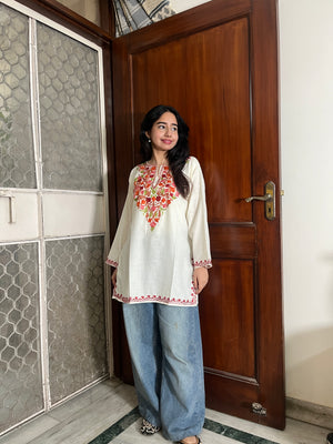 Trisha Kashmiri Short Cotton kurti- White