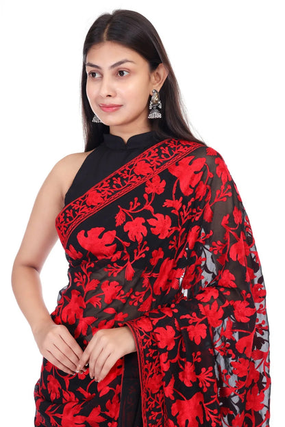 Kashmiri Chinar embroidered saree- Black