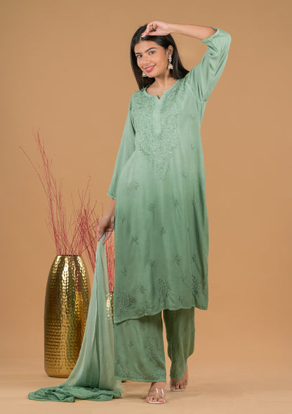 Rayon Chikankari Women's 3 PC Long Kurta Set - Green