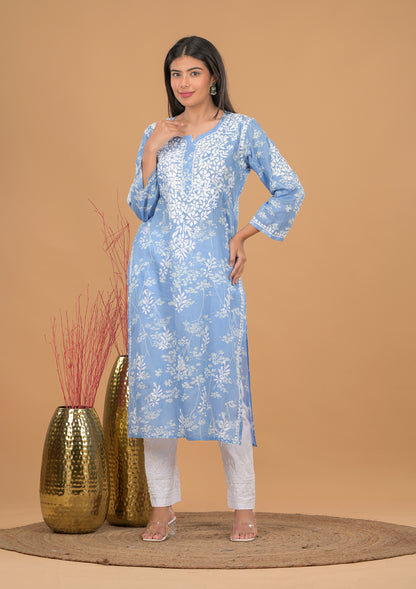 Mulmul Cotton Print Chikankari Kurta- Blue
