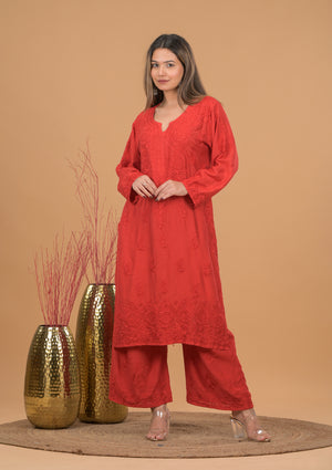 Chanderi Chikankari Kurta Palazzo - Red