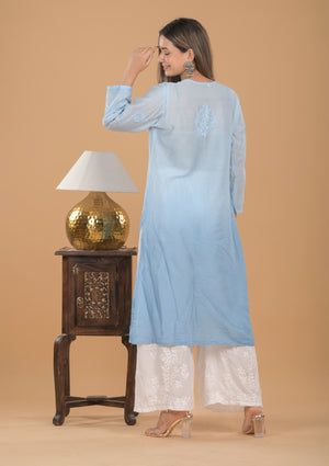Chanderi Ombre Chikankari Long Kurta - Blue