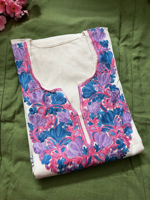 Noor Aari Woollen Pheran- White