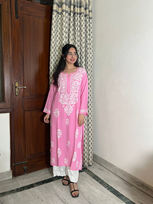 Jhanvi Chikankari Rayon Kurta- Pink