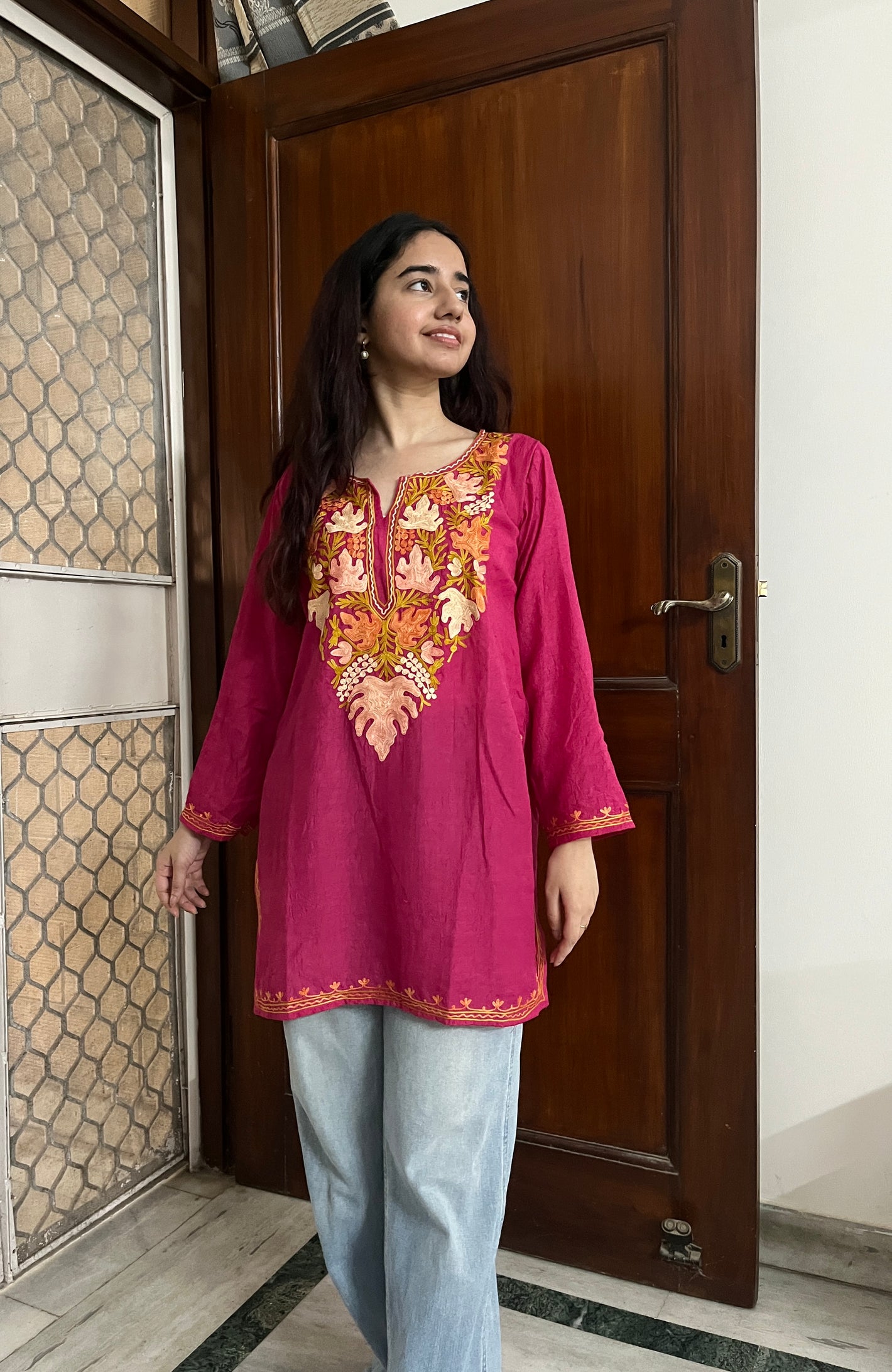 Kashmiri Short Cotton kurti- pink