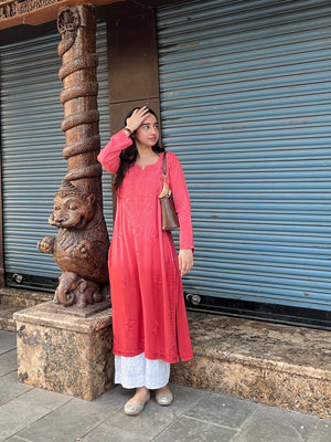 Sejal Rayon Ombre Chikankari Kurta- Rust