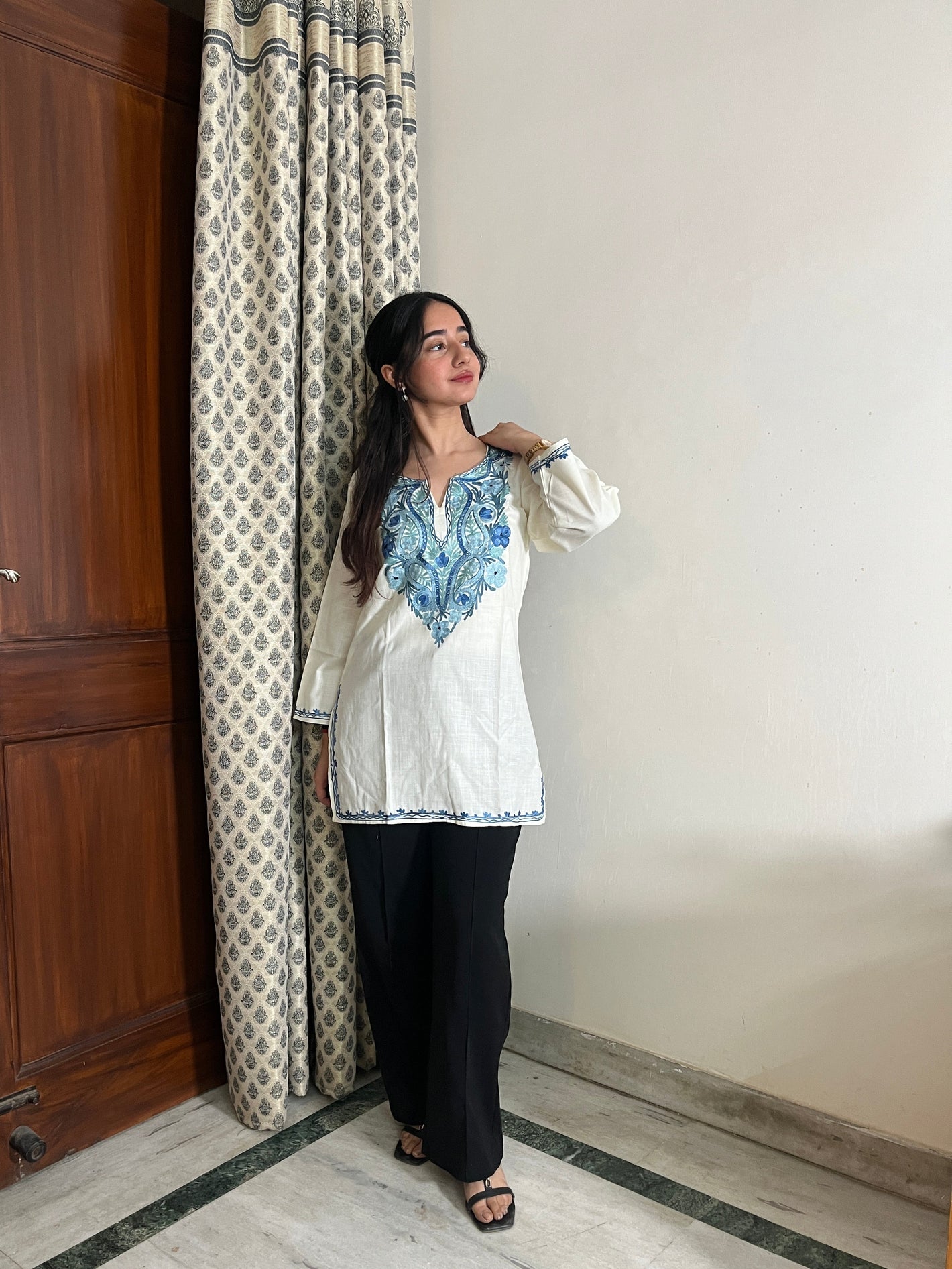 Trisha Kashmiri Short Cotton kurti- White