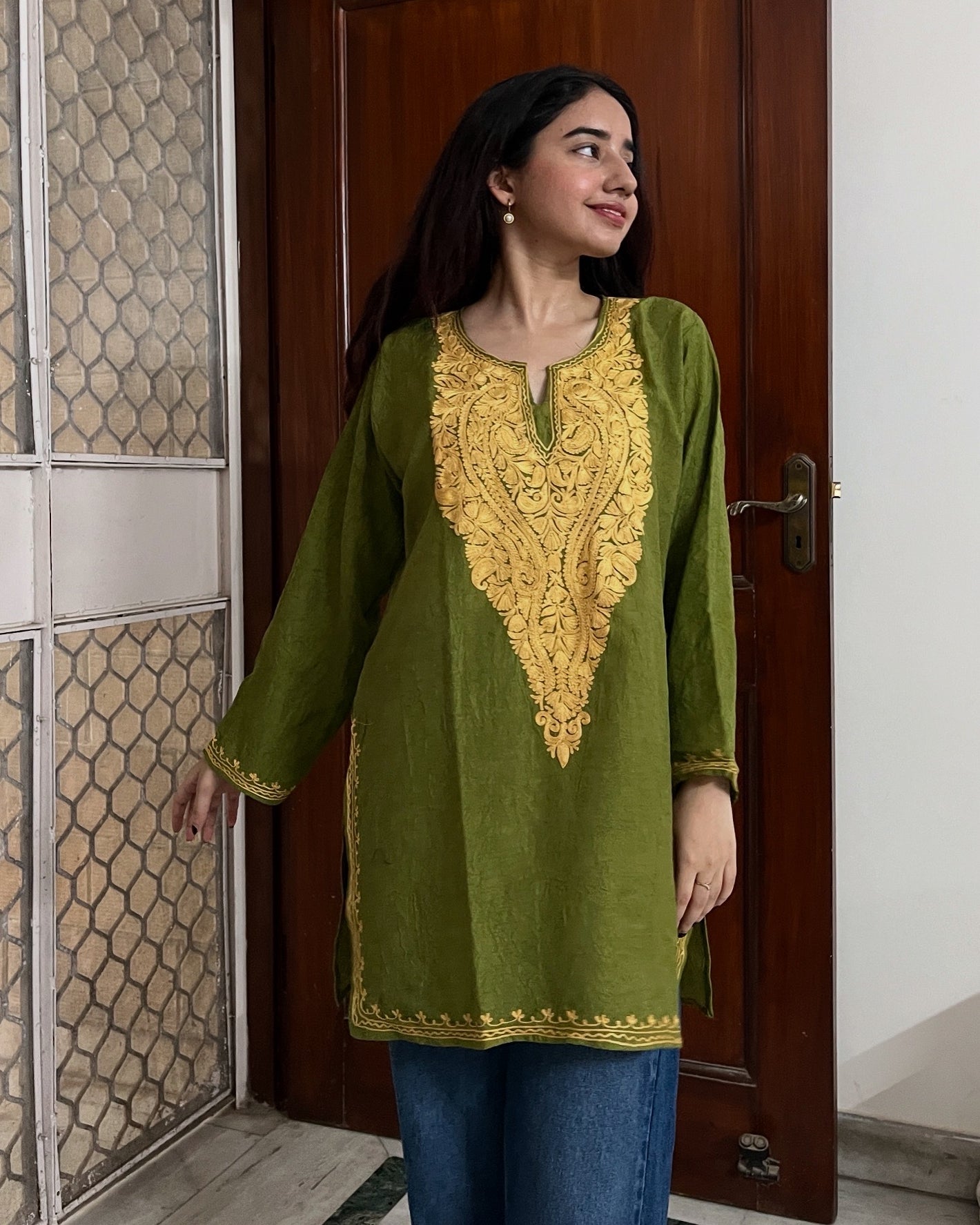 Kashmiri Short Cotton kurti- Green