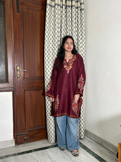 Laiba Kashmiri silk wool long kurta- Wine