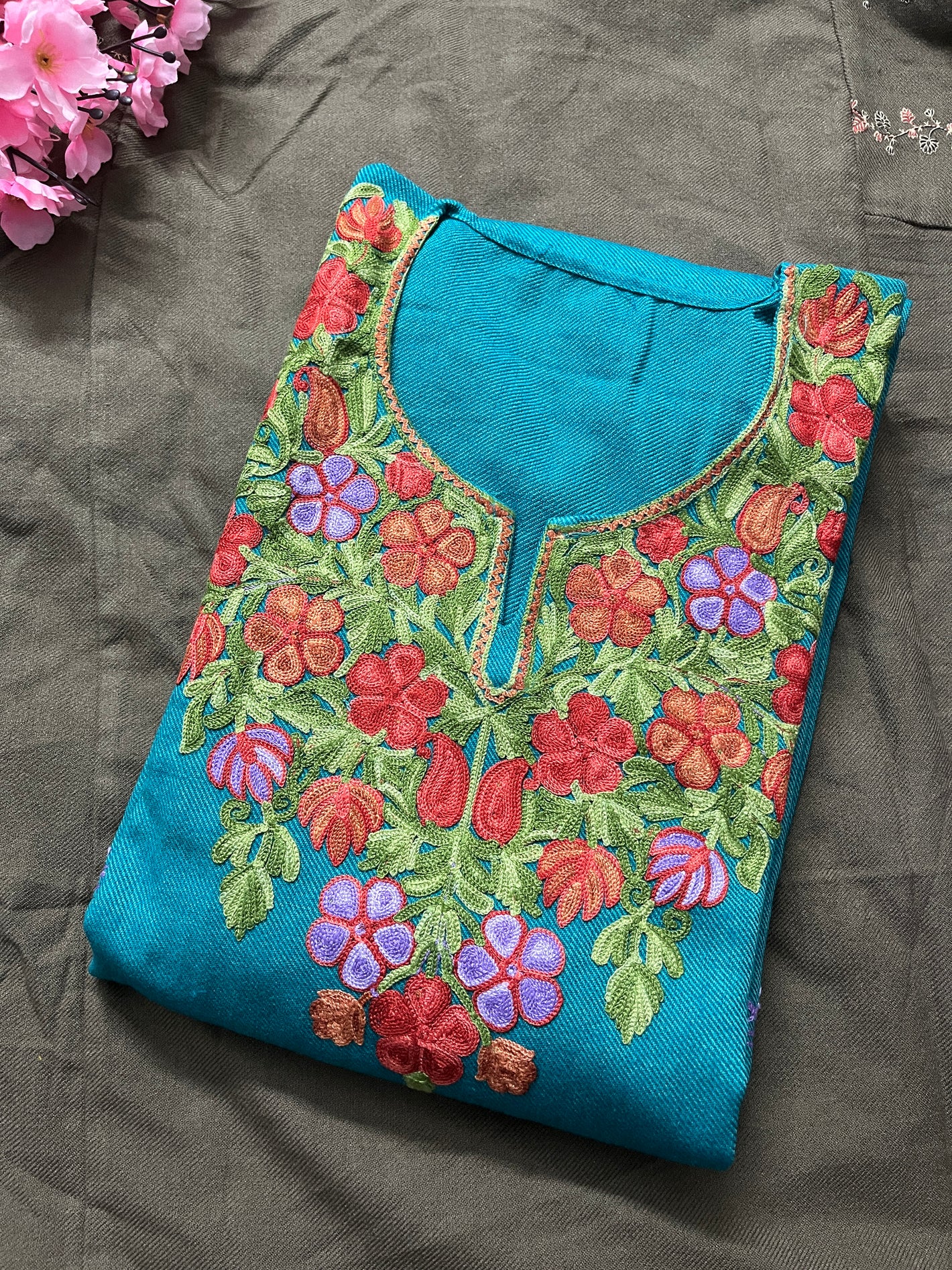 Noor Aari Woollen Pheran- Teal