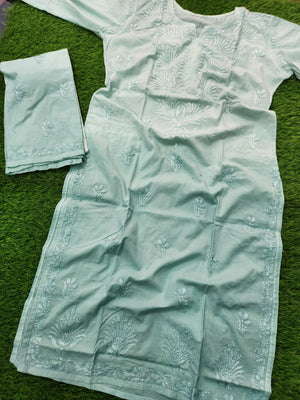 Jia Mulmul Cotton ombre Chikankari Kurta set- Teal
