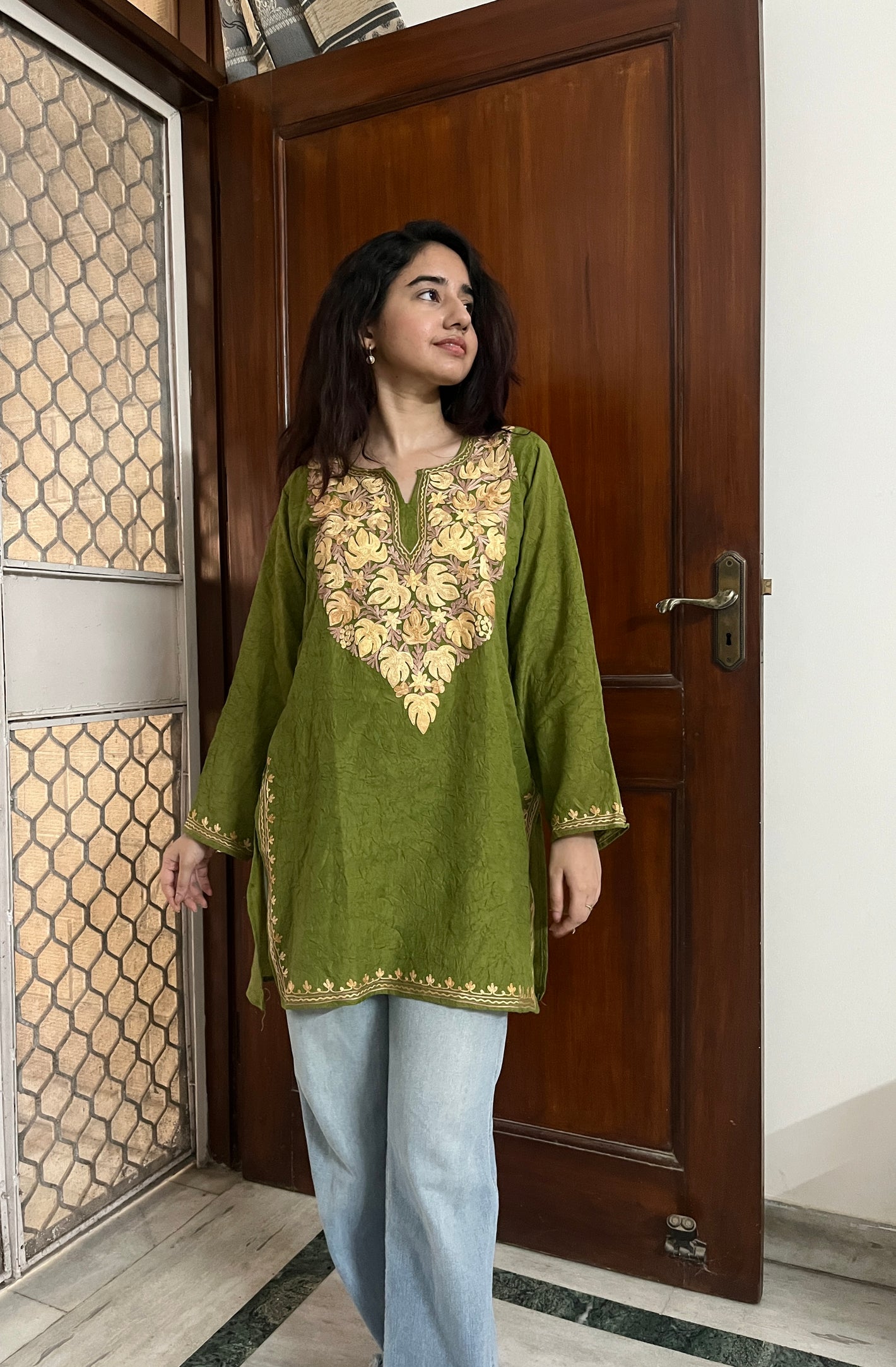 Kashmiri Short Cotton kurti- Green