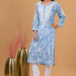 Mulmul Cotton Print Chikankari Kurta- Blue