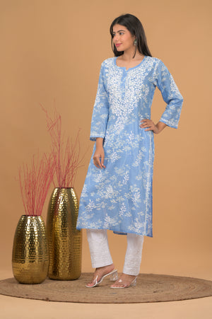 Mulmul Cotton Print Chikankari Kurta- Blue
