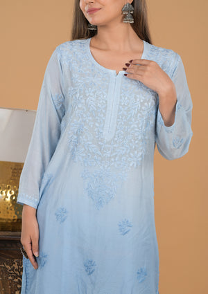 Chanderi Ombre Chikankari Long Kurta - Blue
