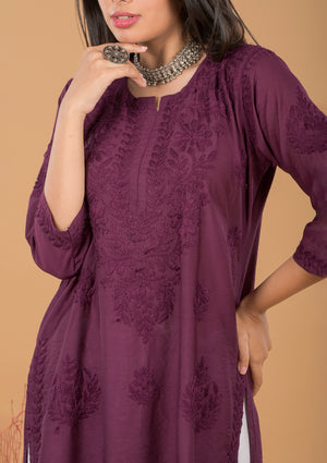 Chanderi Chikankari Long Kurta - Mauve