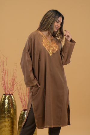 Kashmiri Woollen Tilla Pheran - Brown